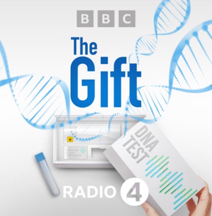 Graphics for the BBC Radio 4 series "The Gift" showing a double helix and graphic of a DNA test kit.